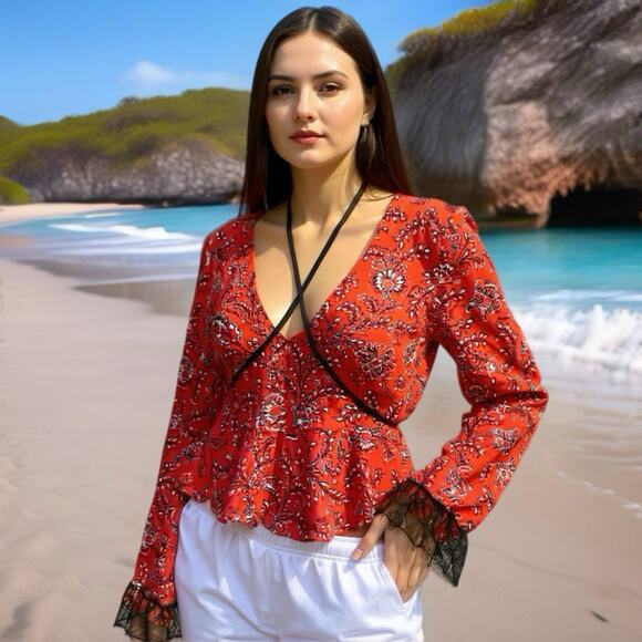 cinq a sept Tops - Cinq A Sept Blouse Women S 100% Silk Crop Tie Top Floral Multicolor Fairy Grunge